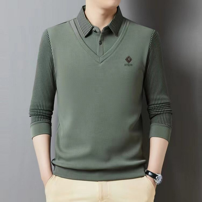 스트라이프 폴로 셔츠 남봄가을 중년 아빠 루즈핏 캐주얼 터틀넥 상의 티셔츠 봄 가을 이너 카라넥 티셔츠