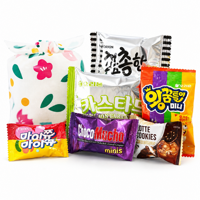 한봄 플라워 간식구디백 답례품 간식 과자 꾸러미, 1개, 간식 7종