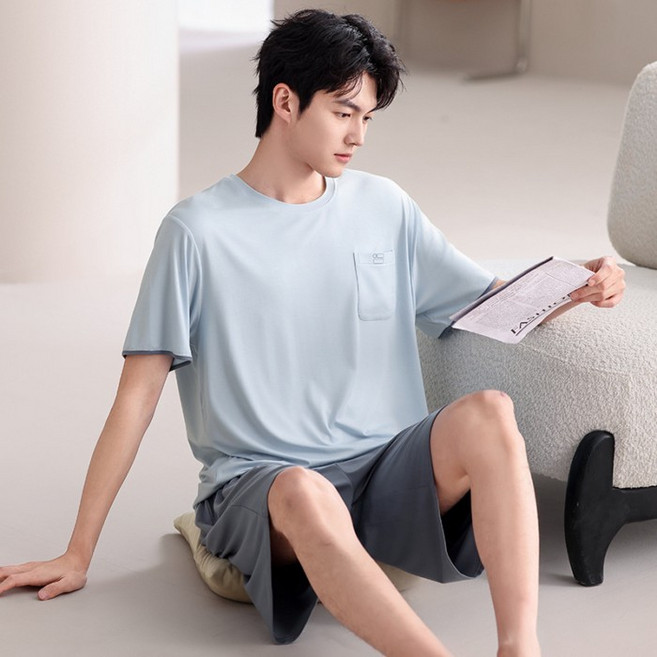 莫代爾 夏季 男款 睡衣 圓領 短袖 休閒家居服 兩件套