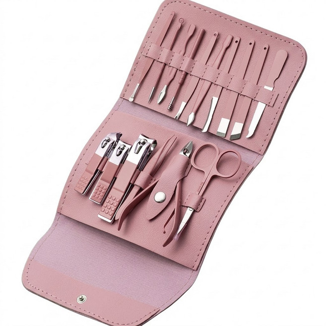 센티브 가죽케이스 손톱깎이 네일케어 16종 세트, 1개, 로즈핑크