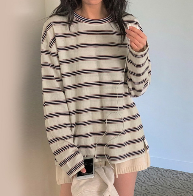 마이쏭 여성 빅사이즈 봄신상 루즈핏 파크단가라박스긴팔티