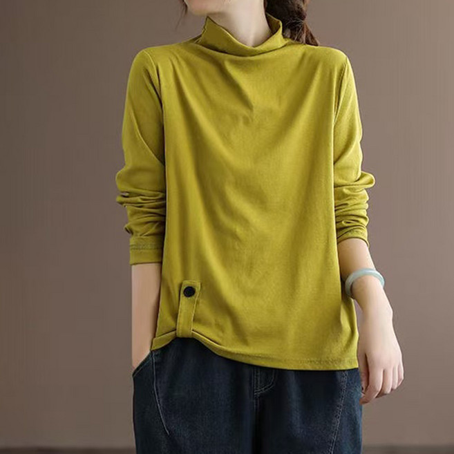 가을 하이넥 베이직 긴팔 티셔츠 여성용 레이어링 캐주얼 슬림핏 이너