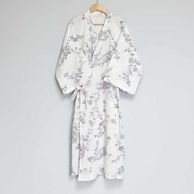 7부 소매 순면 거즈면 유카타 로브 잠옷 샤워 가운, 1개, 물망초