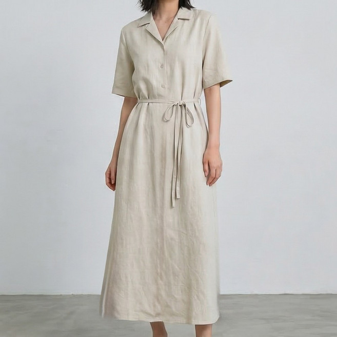 오브나인 카라넥 허리 스트랩 셔링 반팔 롱 원피스 (2color)+델로나