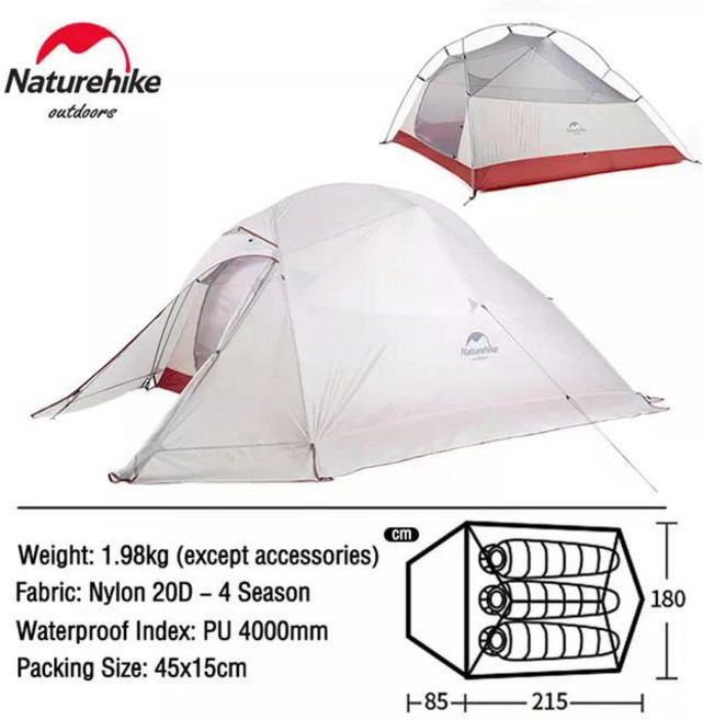 Naturehike 클라우드 업 몽가 스타 리버 2 인용 캠핑 텐트 초경량 배낭 하이킹 여행 무료 매트 포함, Cloud3-20D 그레이+스커트
