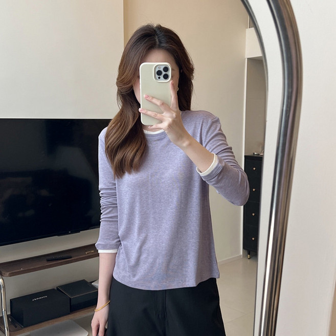 여성 라운드넥 슬림핏 니트 스웨터 봄 텐셀 울 혼방 7부 티셔츠 스타일리시한 데일리룩 편안한 착용감