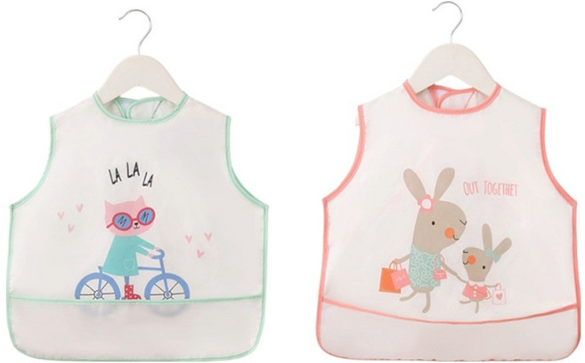 라코 유아용 식사용 방수 조끼형 턱받이 2종 세트 36 x 44 cm, 1세트, 토끼, 고양이