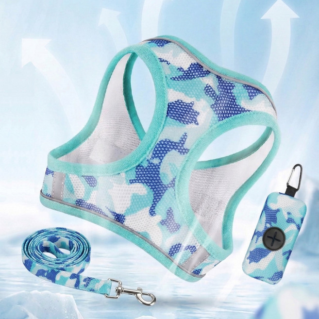 블루카모 하네스+견인줄+배변봉투 세트 통기성 매쉬 소재 야간반사, 1개, 믹스블루