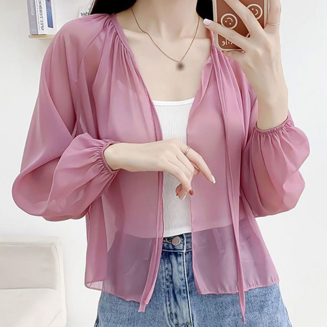 ROYALBELLE 여성 얇은 긴팔 쉬폰 카디건 빅사이즈 루즈핏 자외선차단 카디건 M0061414