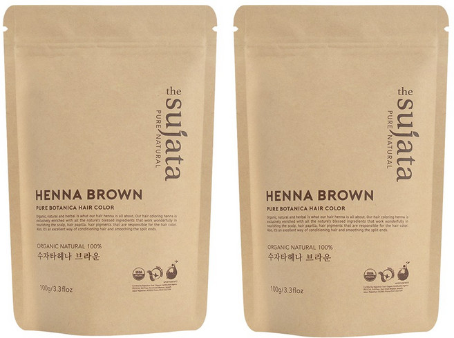 USDA 유기농 수자타 천연100% 헤나 가루 염색약, 브라운, 2개