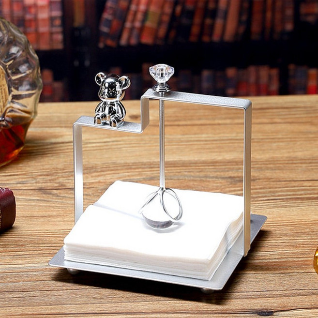 MIROSE 북유럽풍 크리스탈 메탈 냅킨 홀더 꽂이 케이스 까페 식당 거실 인테리어소품, 1개, MRS_곰돌이 실버