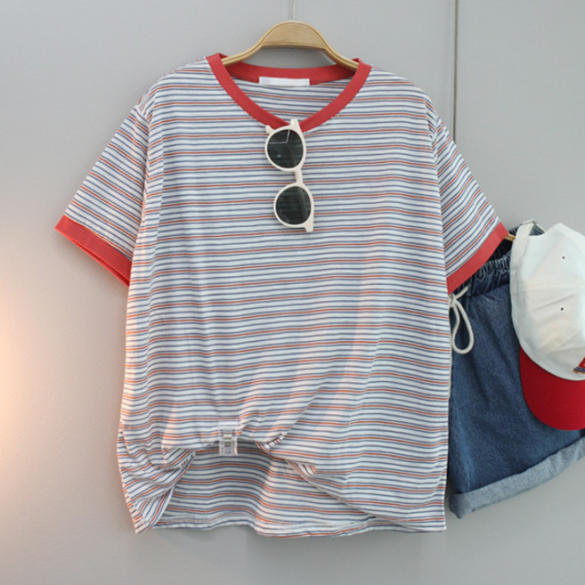 달콩 여성 슬럽배색단가라반팔티