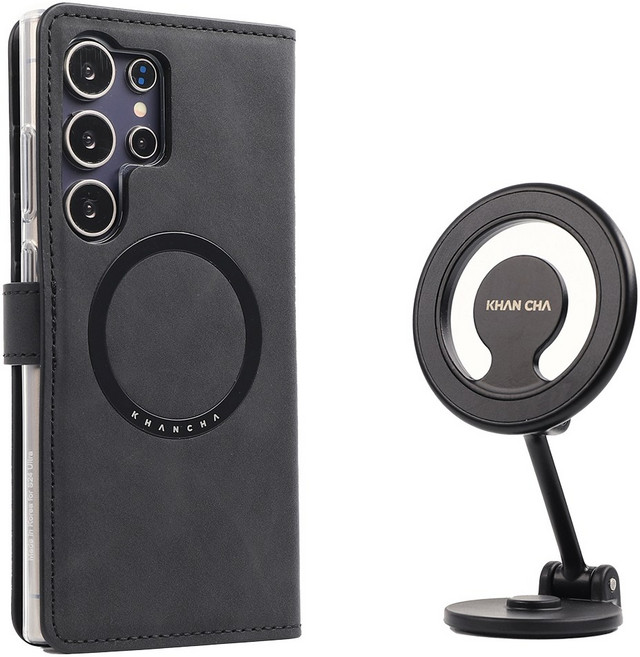 칸차 메탈링 장착 심플형 지갑형 핸드폰 케이스 + 차량용 자석 거치대 / 휴대폰 폰 지폐 카드 수납 가죽 지갑 다이어리