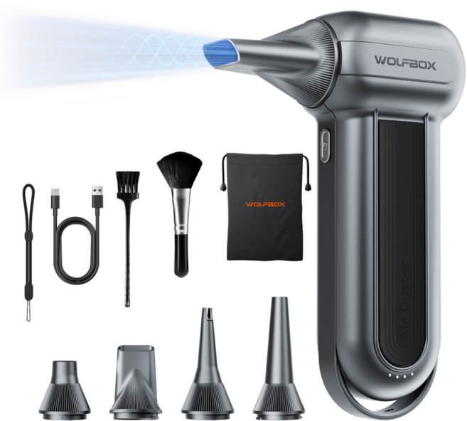WOLFBOX 초강력 무선 에어건 블로어 - 150000 RPM 초강력 전동 에어 블로어 충전식 3단 조절 먼지 제거용 캠핑 공기펌프 다용도, Super-Power-Turbofan-MF100