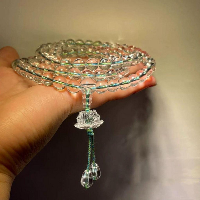 白水晶圓珠佛珠108顆念珠項鍊手鍊搭配蓮花吊墜, 1個, 2026新版水晶*蓮花吊墜款*穿綠色繩,8mm白水晶108顆