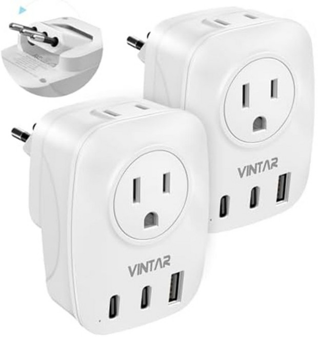 유럽 여행용 플러그 어댑터 2팩 USB C 1개 미국 콘센트 2개 포트 3개 포함 VINTAR 국제 전원 대부분 지역 그리스 이탈리아 여행 필수품 6개타입, Type