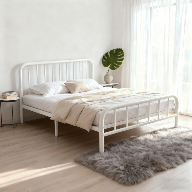 BiimTee 견고한 철제 침대 프레임 (매트리스 미포함), 흰색