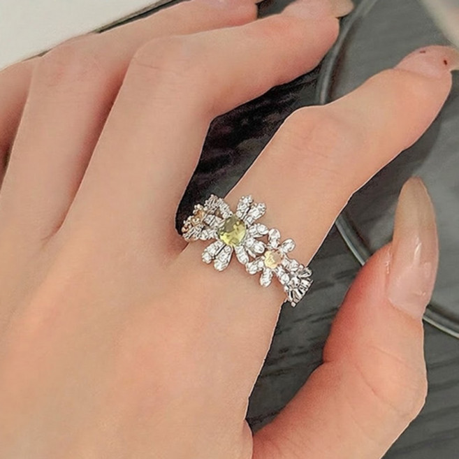 여성 빈티지 블링 큐빅 데이지 플라워 오픈 링 반지 A2533