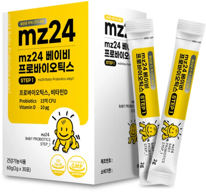 MZ24 아기유산균 스텝1 비타민D 함유 우리 아이 첫 유산균 유아 베이비 돌 엠지24, 1박스, 60g - 쿠팡