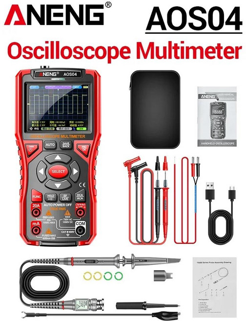 ANENG AOS04 디지털 오실로스코프 멀티미터 50MS/s 샘플링 속도 10Mhz 대역폭 지원 파형 AC/DC 전압 테스트, 02 AOS04 red, 1개