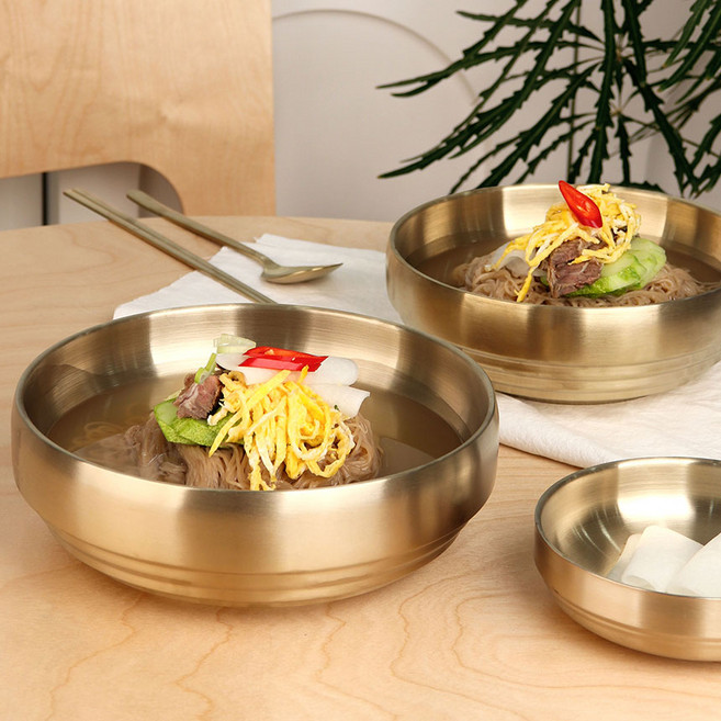 마스테인-티타늄 금빛 접시 GD-001 금색 스텐 식기 세트 업소용 이중 찬기 그릇 (한식 한정식 양식 면기 용기), 2개, 지르코늄 골드
