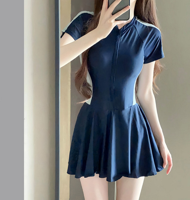 ANYOU 여성 수영복 플레어 원피스 수영복 반집업 비치 수영복, 네이비