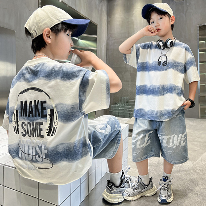 비비키드 주니어 상의 하의 세트 남아 헤드셋 그림 포인트 데님 반바지 여름 세트 초중생 반팔티 초등생 상하세트 (2501)
