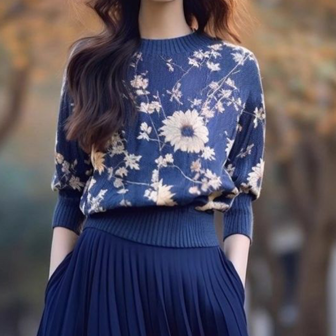 VVRR 여성 라운드 넥 꽃 무늬 자수 디자인 넉넉한 핏 슬림 효과 우아한 감각 니트 B0102803