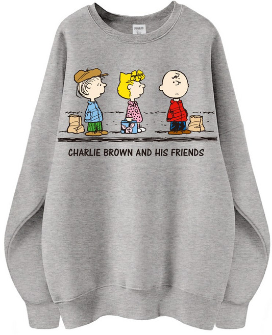 스누피 정품 남녀공용 오버핏 캐릭터 라운드 맨투맨 빅사이즈 데일리 티 루즈핏 커플 티셔츠 남자 여성 롱티 단체티 찰리친구들