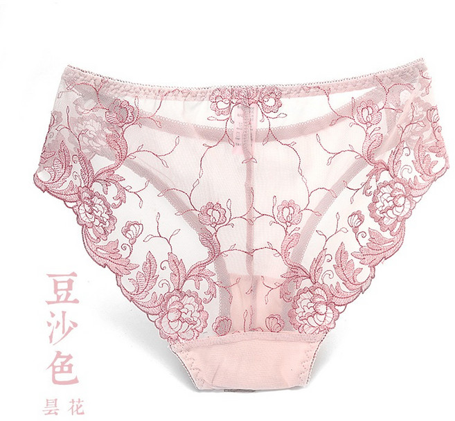 林柏刺繡蕾絲柔軟彈力女內褲性感低腰情趣三角褲, 豆沙色(曇花)