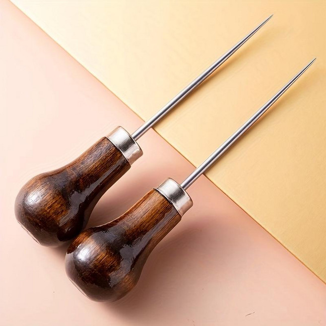 수공예 작업용 가죽 펀칭 송곳 원목 손잡이 금속 팁 도구 2개 세트, 1개, 브라운