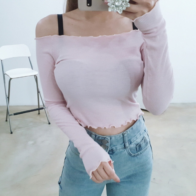 여성 발레 상의 골지 오프숄더 크롭 긴팔티 5색