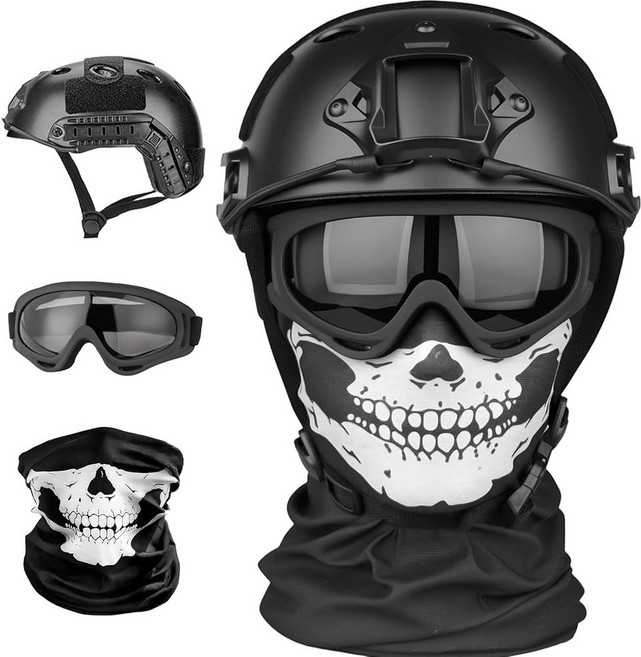 VPZENAR 에어소프트 헬멧 및 마스크 탈착식 고글이 장착된 풀페이스 NVG 마운트 사이드 레일이 페인트볼 블랙 헬멧 군용 전술 장비, Pj-skull, 1개