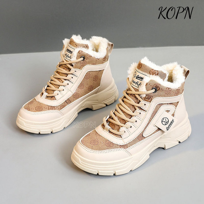 KOPN가을과 겨울 여자 배색 기모 중방 스노우부츠 면화 키높이 캐주얼 보온 빈티지 기모 미끄럼 방지 두꺼운 바닥 스노우부츠
