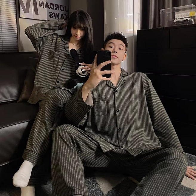 ANYOU 심플한 셔츠형 스트라이프 커플 잠옷 세트 데일리 홈웨어