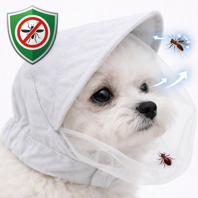 렛츠독 강아지 진드기 해충 방지 벌레 자외선 차단 망사 모자 페이스커버, 1개, 화이트메쉬