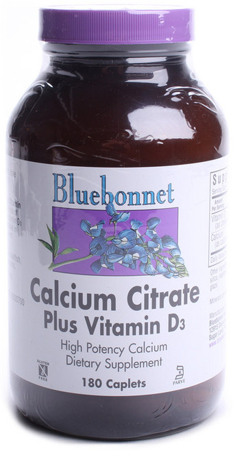Bluebonnet 檸檬酸鈣&維他命D3補充錠 無麩質, 180顆, 1罐