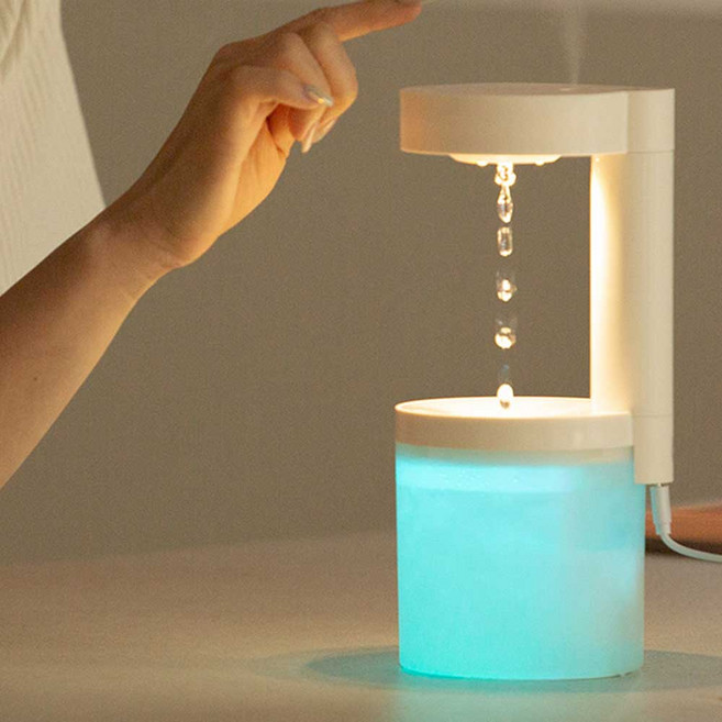 KJ 거꾸로 무중력 가정용 미니 탁상용 휴대용 물멍 가습기 무드등 습도케어 거꾸로 오르는 물방울, 화이트, 화이트