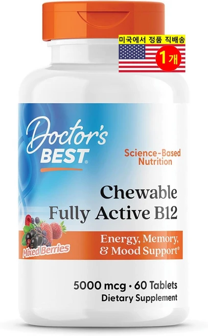 Doctor's Best 닥터스 베스트 완전 활성비타민 B12 5000mcg 민트 츄어블 60정, 1개 - 쿠팡