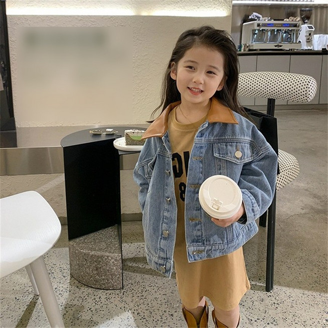 아 여아 아동 청자켓 코디 룩 가죽 카라 포인트 데님 자켓