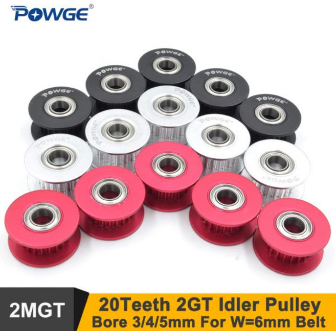 POWGE 5PCS 20 TEETH 2GT 아이들러 풀리 보어 3 4 5 치아 W = 6 GT2 2M 벨트 20 T 20 TEETH GT2 수동 풀리 베어링, 4mm NO Teeth Silver, For Width 6mm Belt