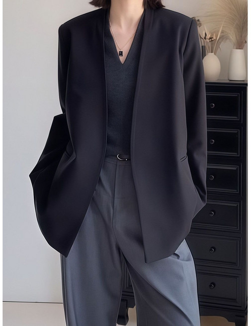 Seofst 빅사이즈 여성 노카라 오버핏 자켓 봄 아우터