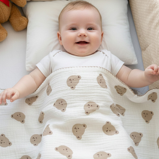 유아 이불 신생아 아기 순면 여름 신생아 이중 거즈 블랭킷, 바글바글 곰돌이
