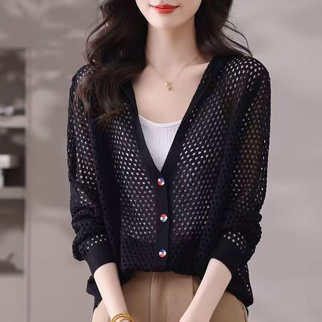 ORZQU 여성 여름 펀칭 루즈핏 후드 카디건 여성 빅사이즈 캐주얼 상의 얇은 여름 카디건