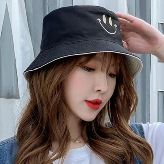 기타 데일리 스마일 양면 벙거지 버킷햇 모자 사계절, 블랙&화이트(A-00069)