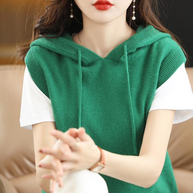 여성 니트 후드 조끼 봄 가을 여성용 넉넉한 핏 무니 없는 캐주얼 니트 조임끈 조끼 LCL