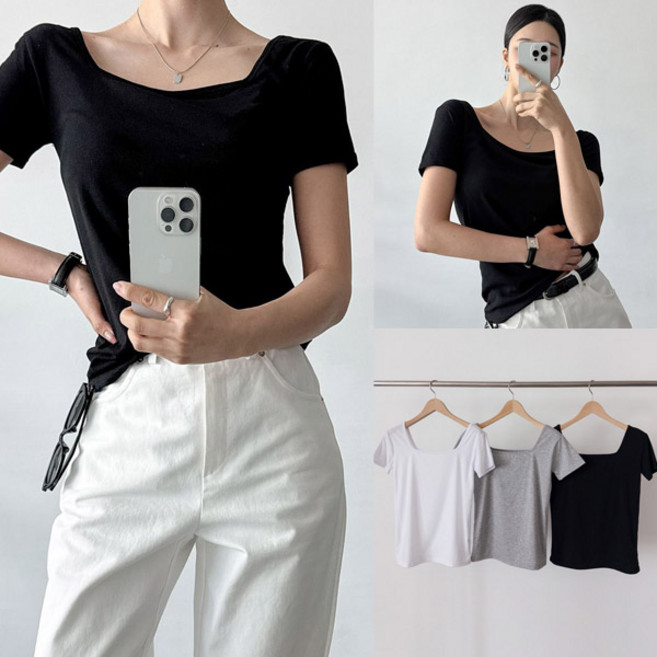 여성 양면 스퀘어 스판 티셔츠 레이온 폴리 반팔티