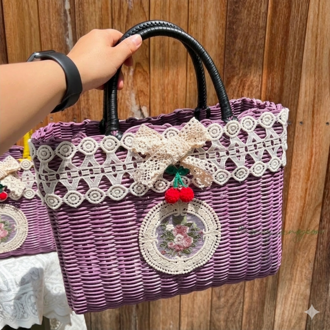 허니상점 레이스 장식 컬러 핸들 라탄가방 피크닉가방 빨대바구니 라탄 자체제작 /3size