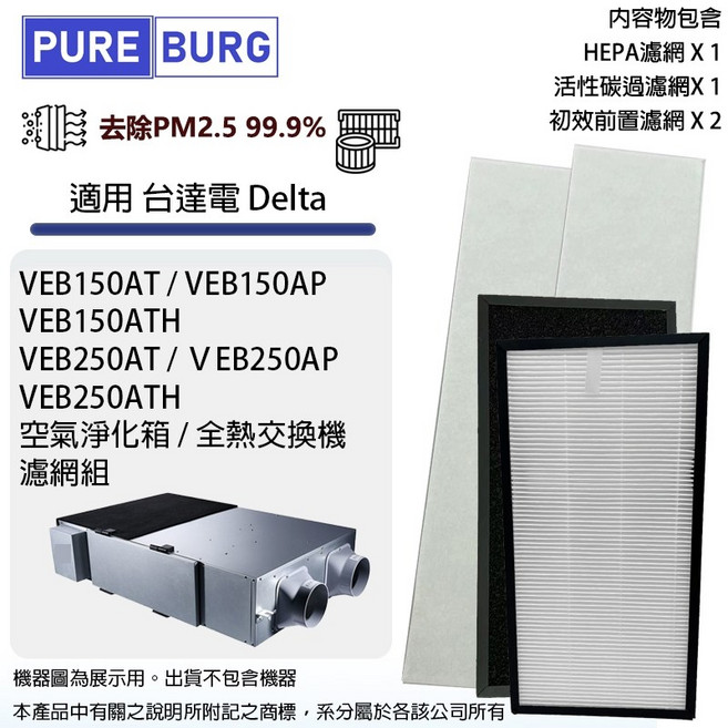 PURE BURG適用台達電全熱交換機濾網 VEB150AT VEB250AT, 1套裝, PM2.5濾網+活性碳各1片初效濾網x2