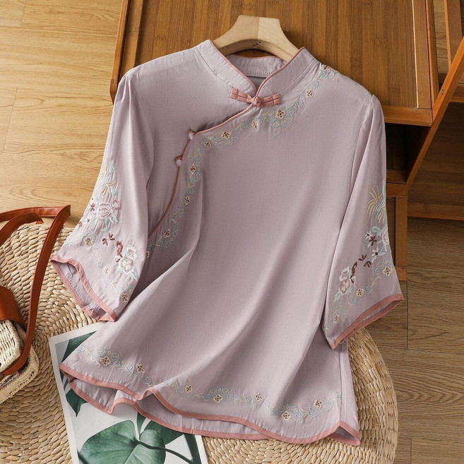 新中式刺繡襯衫 盤扣 文藝復古 斜襟